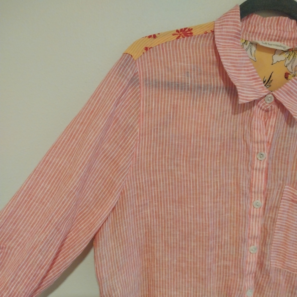 Soft Surroundings Pink and Yellow Patchwork Eden Island Linen Top - Picture 10 of 12